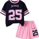 Girls 2 Piece Summer Outfits Graphic Letter Print Jersey Shirt and Biker Shorts Set Navy Blue Pink 11-12 Years (Blue)