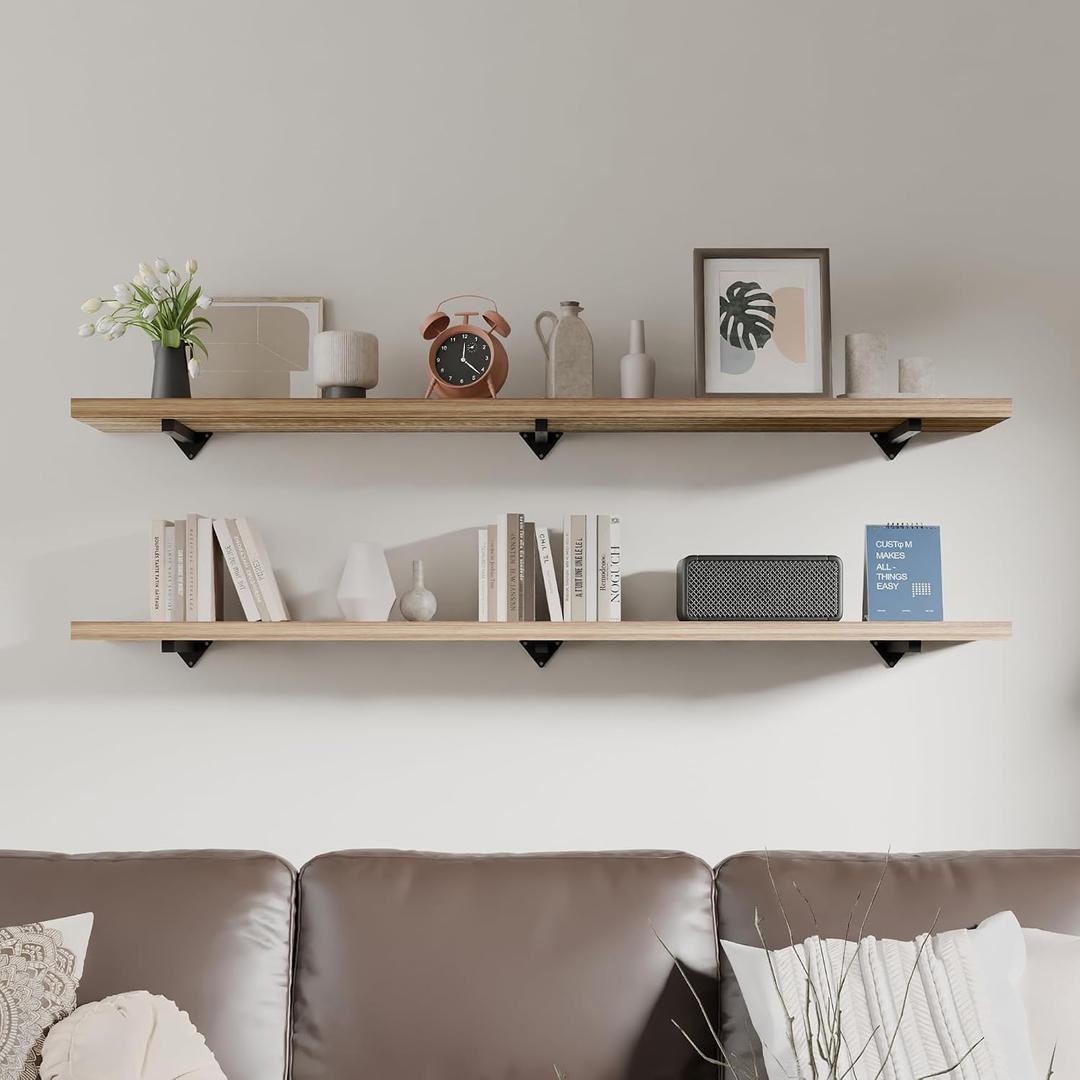 Long Wall Shelves 60 inch,Long Floating Shelf for Wall Set of 2, Large Shelves with Metal Brackets, Farmhouse Bookshelf for Bedroom, Living Room and Bathroom, 2T60IN Wood
