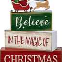 Lineshading 4 Pcs Christmas Table Decoration Wooden Santa Claus Decor Christmas Tiered Tray Decor Decorative Santa Claus Elk Block Sign Gift Farmhouse Xmas Table Centerpiece for Home Kitchen Shelf