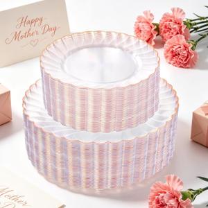 YOUBET 100PCS Rose Gold Plastic Plates - Heavy Duty Scalloped Disposable Plates Include 50 Dinner Plate, 50 Dessert Plate for Wedding & Baby Shower & Party & Mothers Day