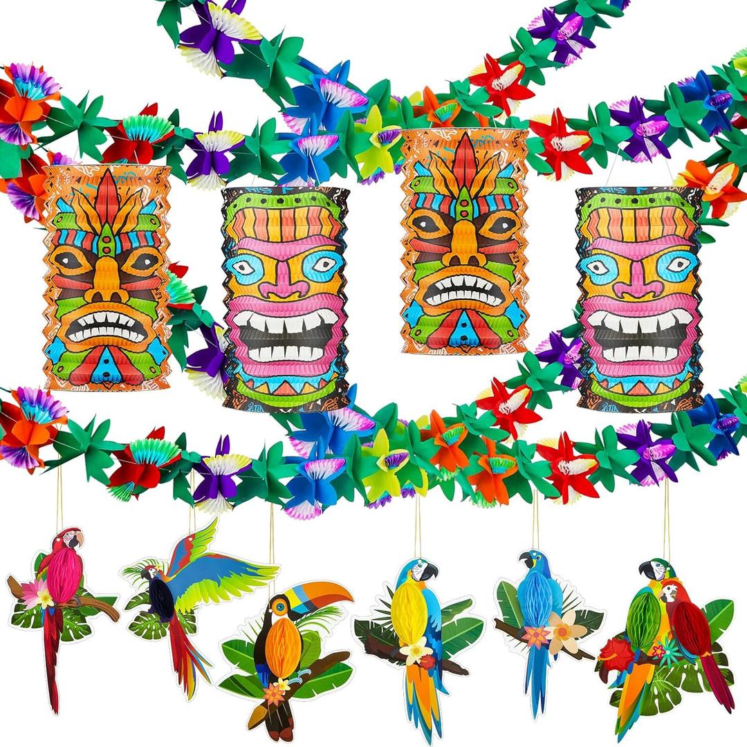 12 Piece Luau Party Decor Set 9.8 ft Hawaiian Tropical Hibiscus Garland Party Decoration Hawaii Paper Tiki Lanterns Tropical Birds Honeycomb Cutouts for Summer Birthday Hawaiian Themed Parties