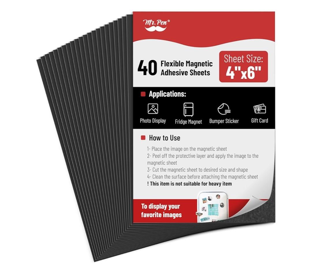 Mr. Pen- Adhesive Magnetic Sheets, 4" x 6", 40 Pack, Magnetic Sheets with Adhesive Backing, Magnetic Sheets, Flexible Magnetic Sheet, Picture Magnets, Cuttable Magnetic Sheets