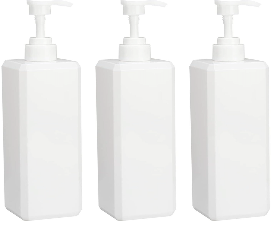 Suream Shampoo and Conditioner Dispenser Set - 27oz Plastic Empty Bottle, Reusable Countertop Soap Organizer for Shower Gel, Hand Wash, Lotion, Massage Oil (800ml/3pc, White )