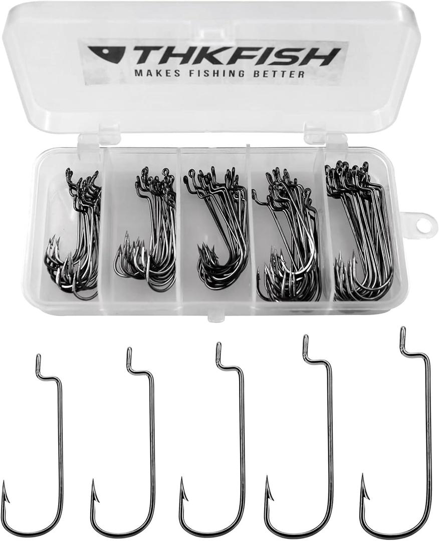 THKFISH 50pcs/100pcs/box Offset Worm Hook Fishing Hook Set Dropshot Hook Set Rubber Fish Jigs Fishing Kit # 2# 1 1/0 2/0 3/0 (five sizes-50pcs)