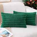 Pallene Faux Fur Plush Lumbar Christmas Throw Pillow Covers 12x20 Set of 2, Luxury Soft Fluffy Striped Decorative Pillow Covers for Sofa, Couch, Living Room, Christmas Green