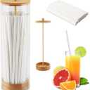 Clear Straw Holder Dispenser for Counter, Drinking Straw Organizer Container with Bamboo Lid Transparent Straws Storage Holder, Include 100 Straws(White)