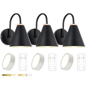 Battery Operated Black Faux-Wood Industrial Wall Sconce Set of 3, Easy to Install Not Wires, Remote Control Dimmable LED Light Bulb, Dimmable Wall Lamp Fixtures for Indoor Bedroom Farmhouse Gallery