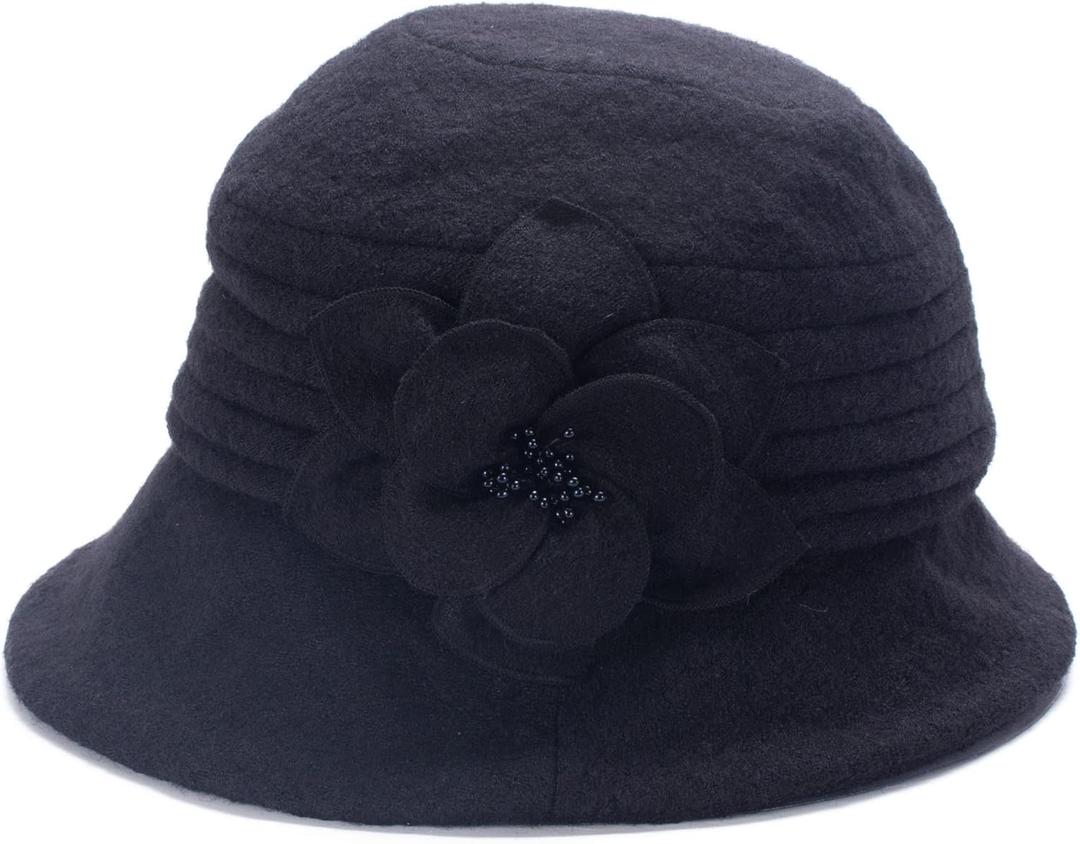 Lawliet Womens 1920s Winter Wool Cap Beret Beanie Cloche Bucket Hat A299 (One Size-X-Large, Black)