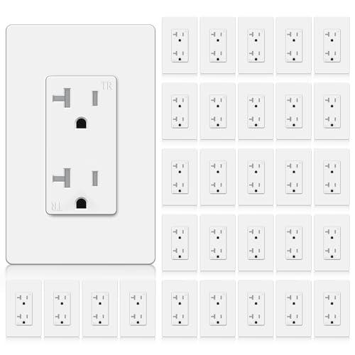 BESTTEN 20 Pack 20 Amp Receptacle Outlet with Tamper Resistant, Decorator Electrical Wall Outlet, Screwless Wallplate Included, 20A/125V/2500W, UL Listed, White