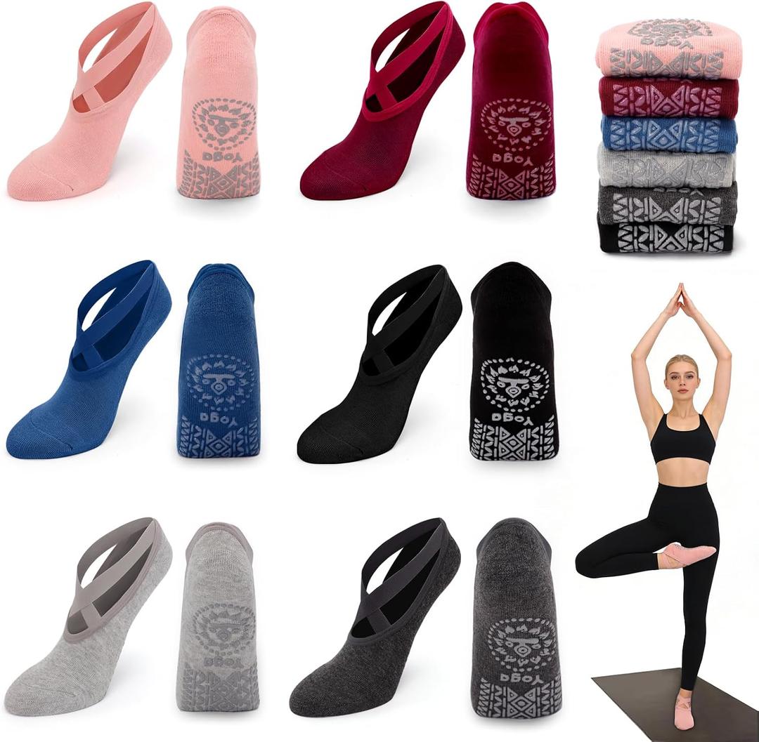 6 Pairs Non Slip Yoga Crew Socks with Grippers for Women | Grips, Anti-Skid Grippy Button, Clasped Straps, Pilates Fitness Exercise Dance Ballet Barre Workout Barefoot
