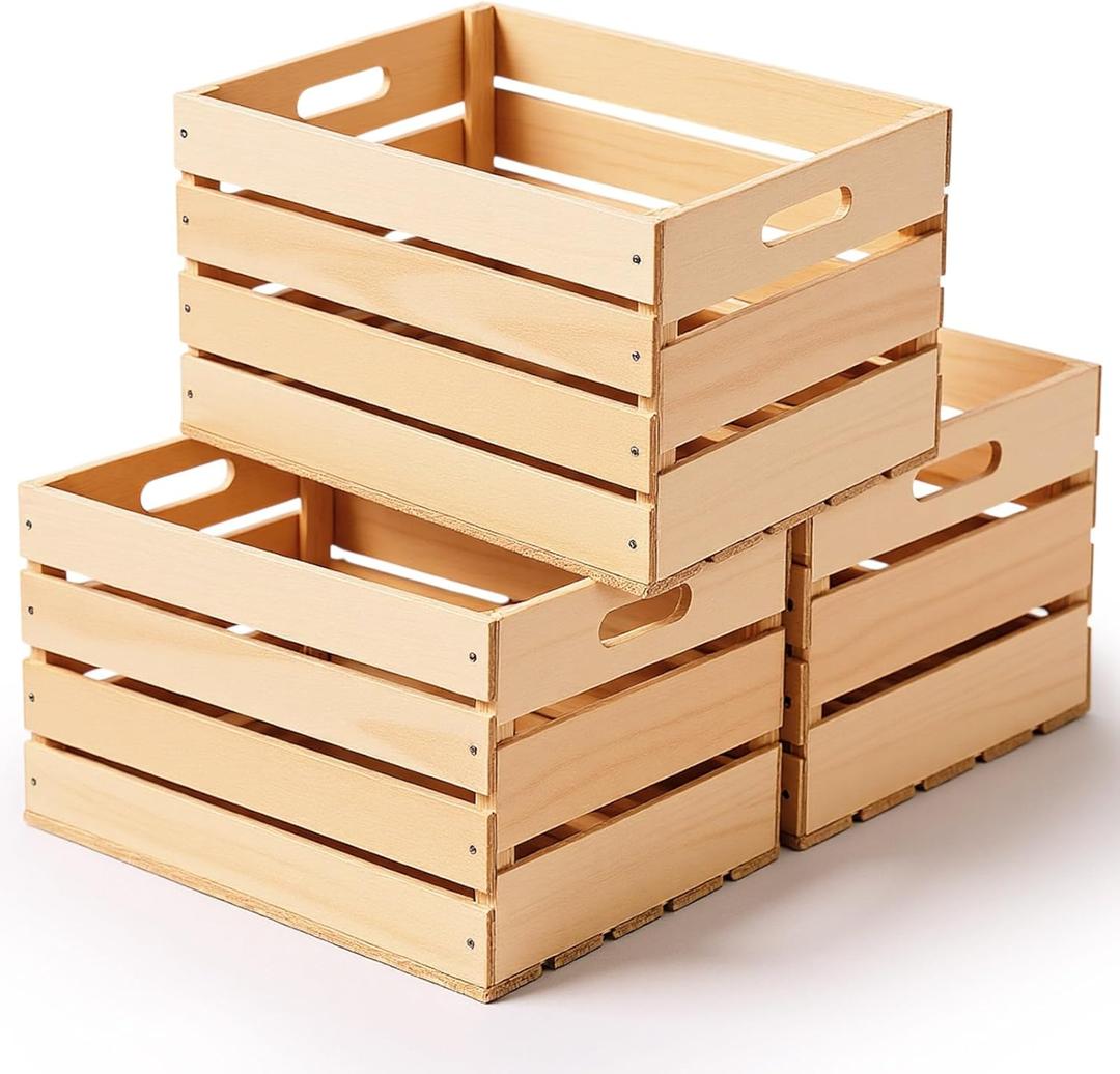 Weysat 3 Pack Large Wood Crates Box for Storage 12 x 10 x 8 Inches Unassembled Wooden Milk Crates with Handle Decorative Nesting Box for Display Rustic Decor DIY Office Home Retail Art Craft (Wood)