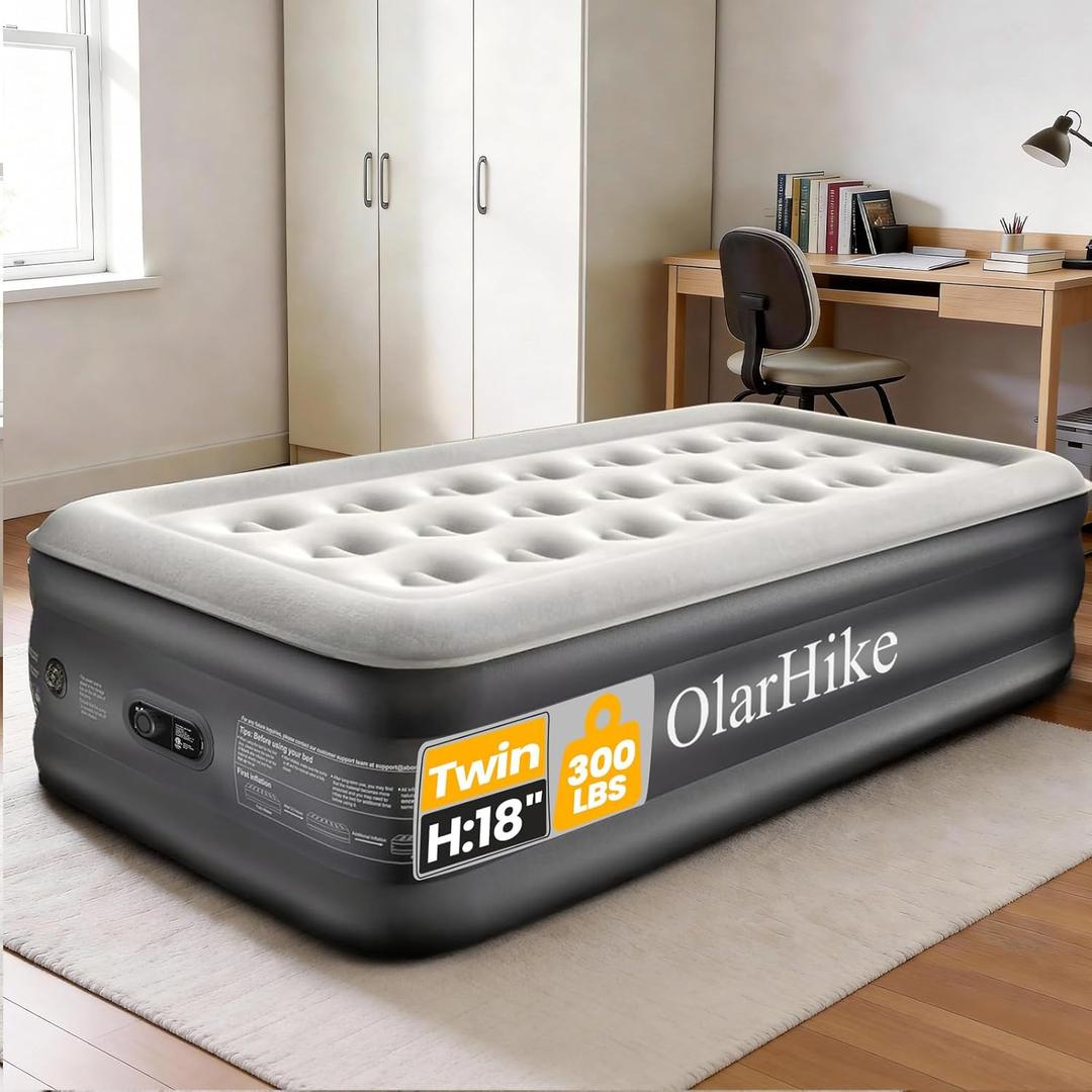 OlarHike Twin Air Mattress with Built-in Pump, 18" Raised Inflatable Bed for Home & Outdoor Use, 300lb Weight Capacity - Portable Blow-up Mattress for Guests, Camping, and Travel