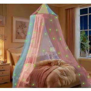 Princess Rainbow Bed Canopy for Girls with Glow-in-The-Dark Stars, Colorful Canopy Net Fits Most Single, Twin, Full and Queen Size Bed, Bedroom Accessories