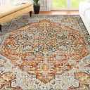 Washable Area Rug for Living Room, Soft Low Pile Floor Room Rug with Non-Slip Backing and Vintage Print for Bedroom, Colorful Machine Washable Carpet for Home Decor (Beige, 8'x10')
