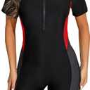 Halcurt Women's Boyleg One Piece Rash Guard with Built in Bra Zip Front UPF50+ Short Sleeve Full Body Surfing Swimsuit (Black, M)