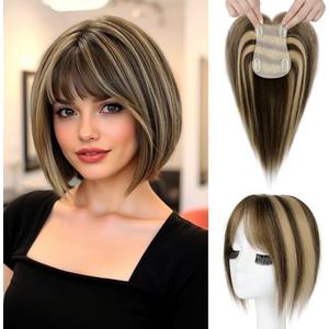 REECHO Human Hair Toppers with Bangs, Thick Hair Volume Topper Hairpiece for Women Real Human Hair Extensions for Daily Wear, Chestnut Brown with Highlights