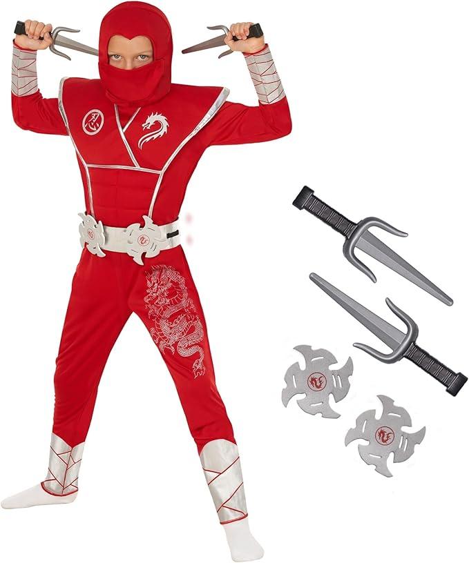 Morph Deluxe Boys Ninja Costume With Ninjas Warrior Toy Accessory, Kids Ninja Costumes, Boy Halloween Costume (Medium 7-9 years, Red)