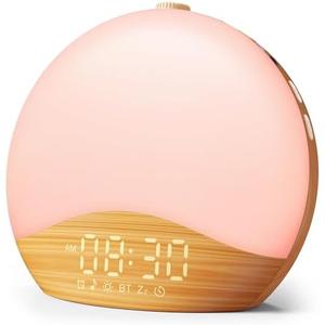 ecozy Wood Grain Sunrise Alarm Clock, White Noise Sound Machine, Music-Sync Lights, Upgraded Backlit Buttons for Bedrooms, 26 Soothing Sounds, 17 Night Lights, Wake Up Light for Heavy Sleepers
