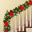 Hotop 4 Pack 9ft Prelit Outdoor Christmas Garland with Lights Bulk, 100 LED Battery Operated Artificial Garland with Vines Poinsettia Pinecones Christmas Balls for Stairs Porch Front Door(Green)