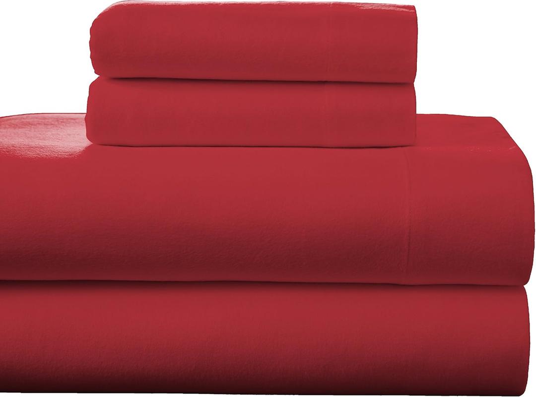 Pointehaven Flannel Deep Pocket Set with Oversized Flat Sheet, Twin, Rococco Red