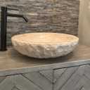 Round Bowl Travertine Vessel Sink, Natural Stone Wash Basin, Hand-Carved Bathroom Sink, Chiseled Exterior, Polished Interior, Above Counter Vanity (Soap Tray Included), 16 × 16 × 5.5 inches