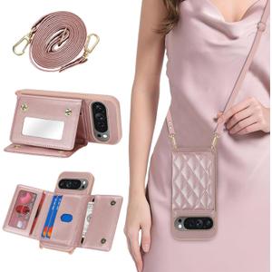 for Pixel 10/10 Pro Case with Card Holder and Strap for Women,Crossbody Lanyard, Make Up Mirror,Snap Clasp,Cute Phone Wallet Cases - Dark Rose Gold