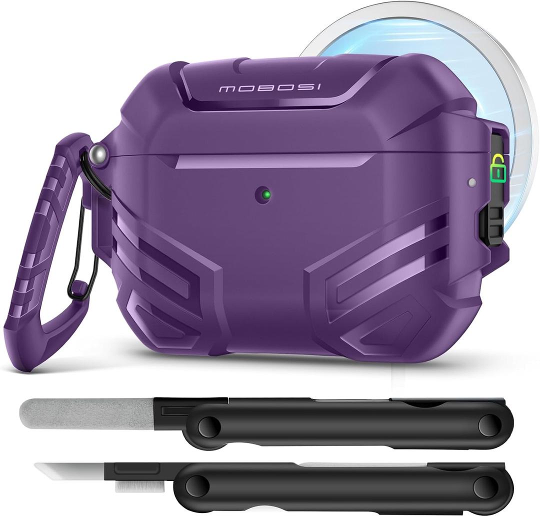 MOBOSI for AirPods Pro 3 Case with Lock, Compatible with AirPod Pro 3rd Generation Case [Compatible with MagSafe], Military Grade Protective Cover with Cleaner Kit & Keychain for Men(2025), Purple