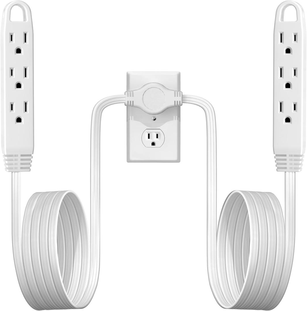 3-Prong Twin Extension Cord 16FT Double Cord 8 FT Each Side Slim Flat Head Extension Cord Total 6 Outlets