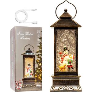 12" Christmas Snow Globe Lantern with Snowman and Kid - Water Swirling Glitter LED Light Lantern with Music - Vintage Xmas Gifts - USB Plug or Battery Operated Home Decor (Snowman and Kid)