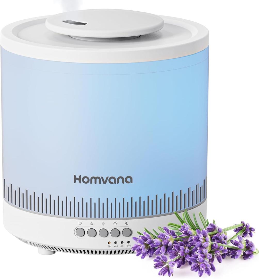 Homvana Small Humidifiers for Bedroom, 1.8L Cool Mist Top Fill Humidifier for Baby Nursery, Essential Oil Diffuser, 3 in 1 for Home Plants Offices and Grow Tents, 7 Color Nightstand Light, Ultrasonic