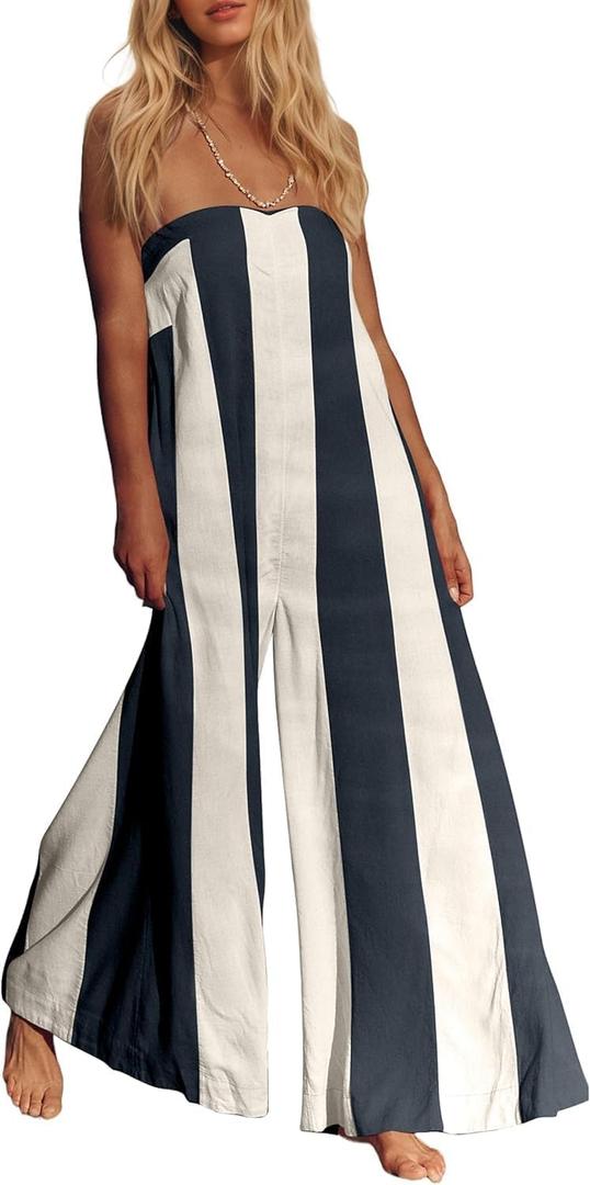 Ythomm Womens Striped Wide Leg Jumpsuits Boho Strapless Long Romper Off Shoulder Summer Jumpsuits One Piece Travel Outfits (S)