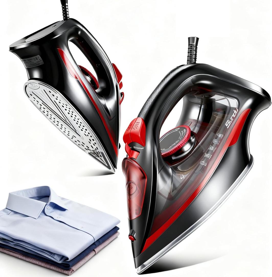 Steam Iron for Clothes, 3-Way Auto Shutoff, Ceramic-Coated Soleplate with Burst Steam, Anti-Drip and Anti-Calc, Self-Cleaning, 1500W Powerful for Home Use (Dark Red)