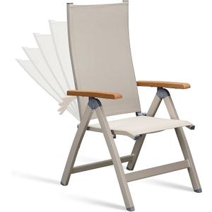 Adjustable Folding Chair, Indoor & Outdoor Balcony, Patio Porch, Garden Lawn, Pool, for Comfortable Foldable Chairs, Portable Cozy Recliner, Metal Frame with Teak armrest, Durable, 28.3"D x 22"W x 44.5"H