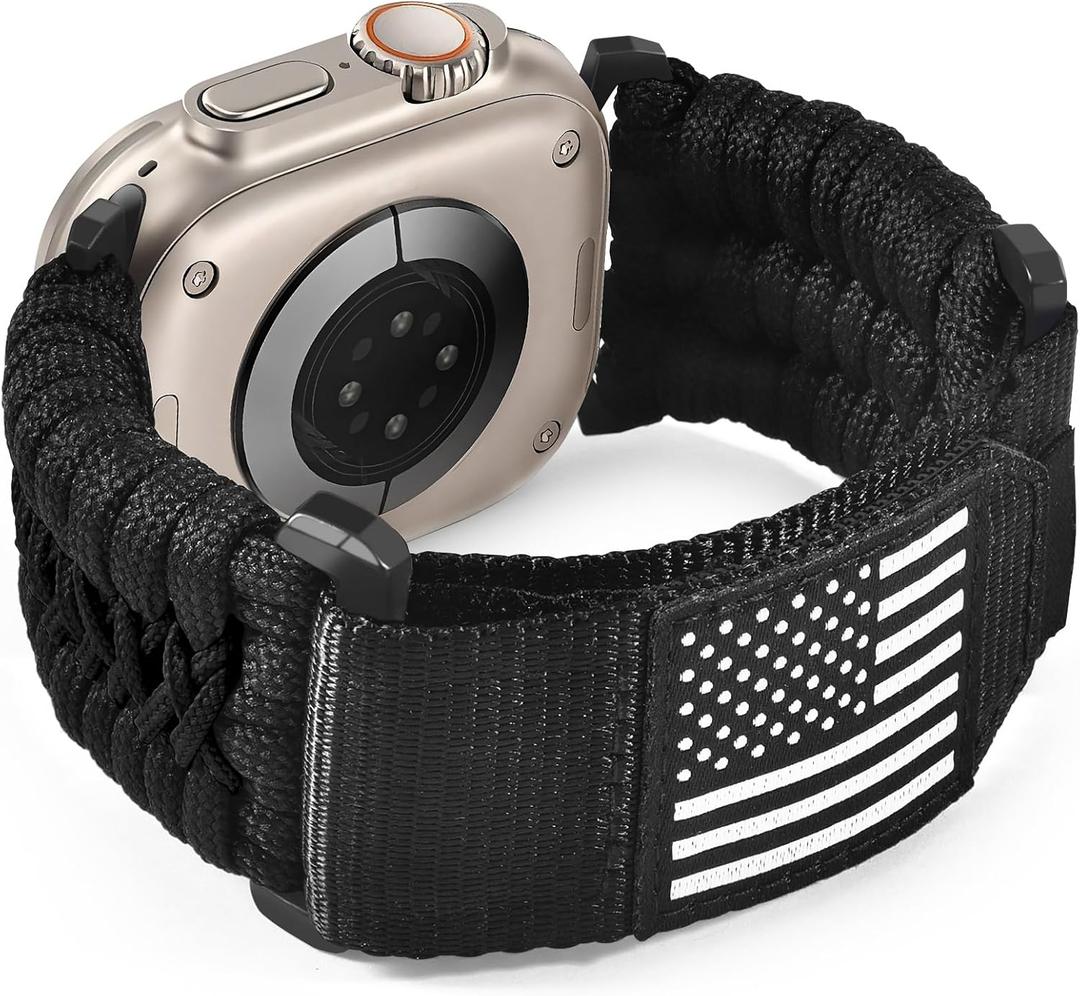 Nylon Loop Sport Band Compatible With Apple Watch 49mm 45mm 44mm 42mm, Rugged Tactical Paracord Strap for Ultra 2/Ultra Series 10 9 8 7 6, Breathable Braided Smartwatch for Men(Black)