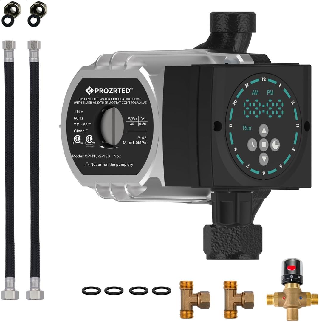 Instant Hot Water Circulating Pump with Built-in Digital Timer and Adjustable Thermostat Control Valve (From 68F to 118F),10 ft Cord, 2 Supply Lines