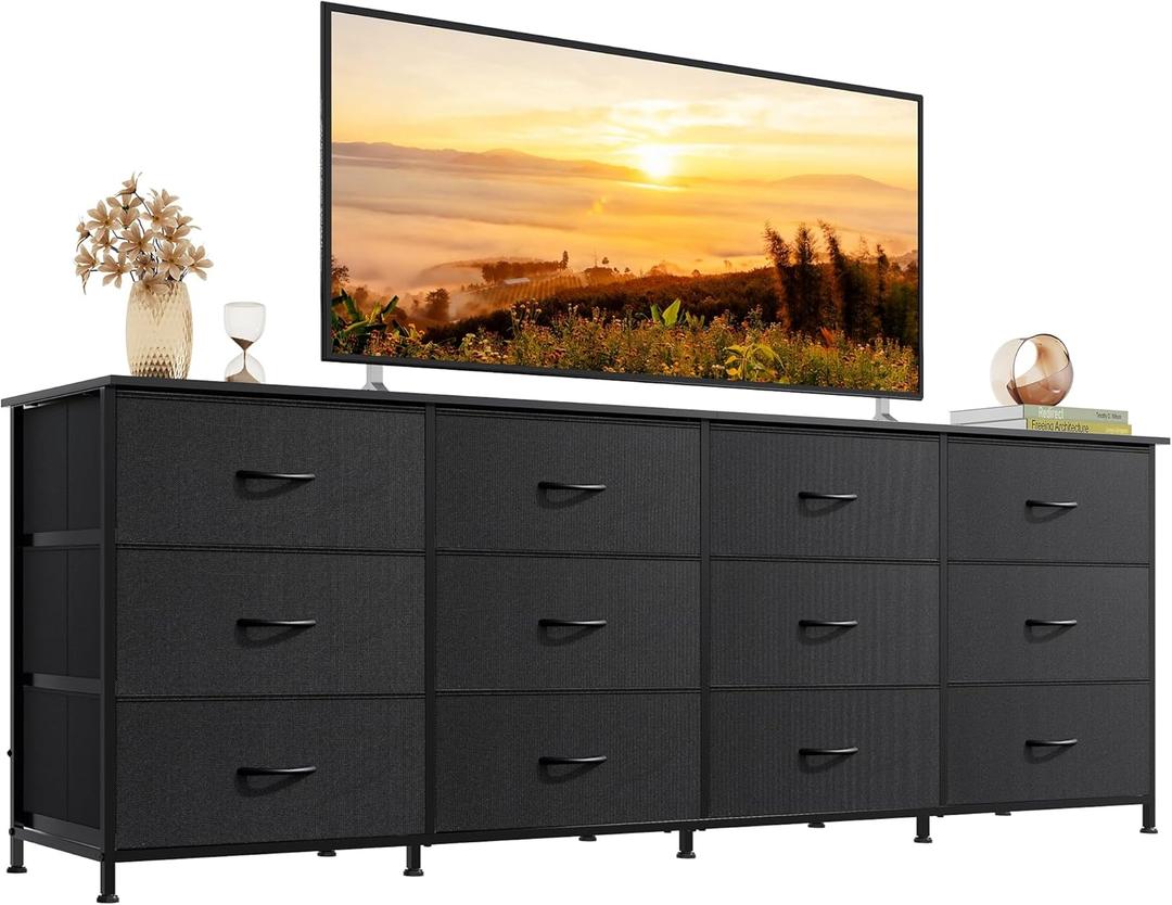 WLIVE 75.5'' Black Dresser for Bedroom, TV Stand for 85, 80, 75, 65 Inch TV, 12 Drawer Long Fabric Dresser with Wood Top, Wide Entertainment Center Storage Chest for Living Room, Closet