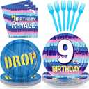 96Pcs 9th Video Game Birthday Party Supplies Happy 9th Game Theme Plates and Napkins Disposable Blue Drop Tableware Set for 9 Year Old Kids Boys Birthday Decorations Serves 24