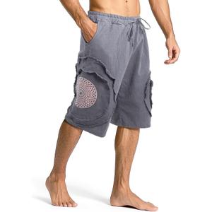 CosInStyle Men's Wide Leg Cotton Capri Shorts Pants with Elastic Waist, Drawstring, and Pockets for Yoga Summer Beach Outdoor (Gray) S/M