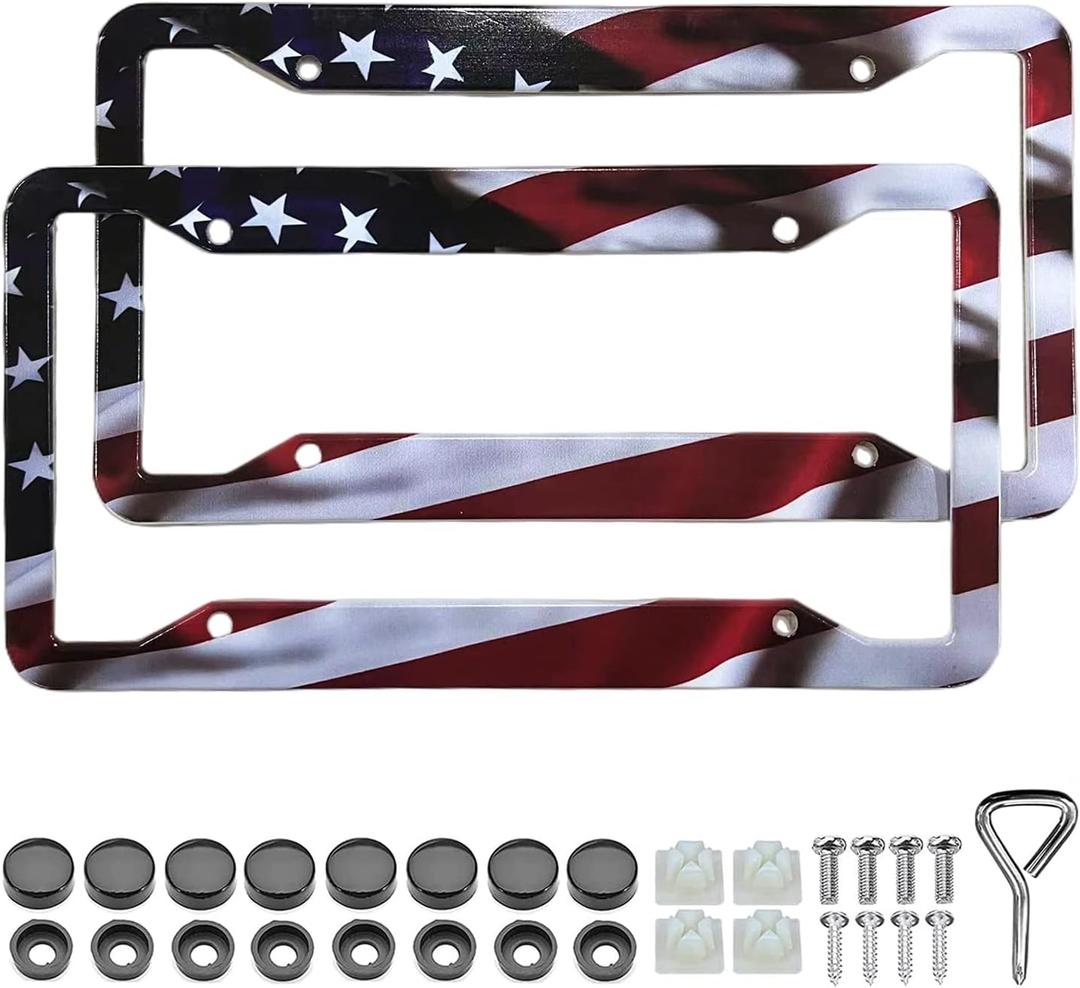 American Flag License Plate Frame Holder - 2 Pack Universal Aluminum Matte Stripe US Flag Gloss Patriotic Car Plate Frame Covers with Free Screws Fasteners Caps American Flag License Plate Frame Holder - 2 Pack Universal Aluminum Matte Stripe US Flag Gloss Patriotic Car Plate Frame Covers with Free Screws Fasteners Caps