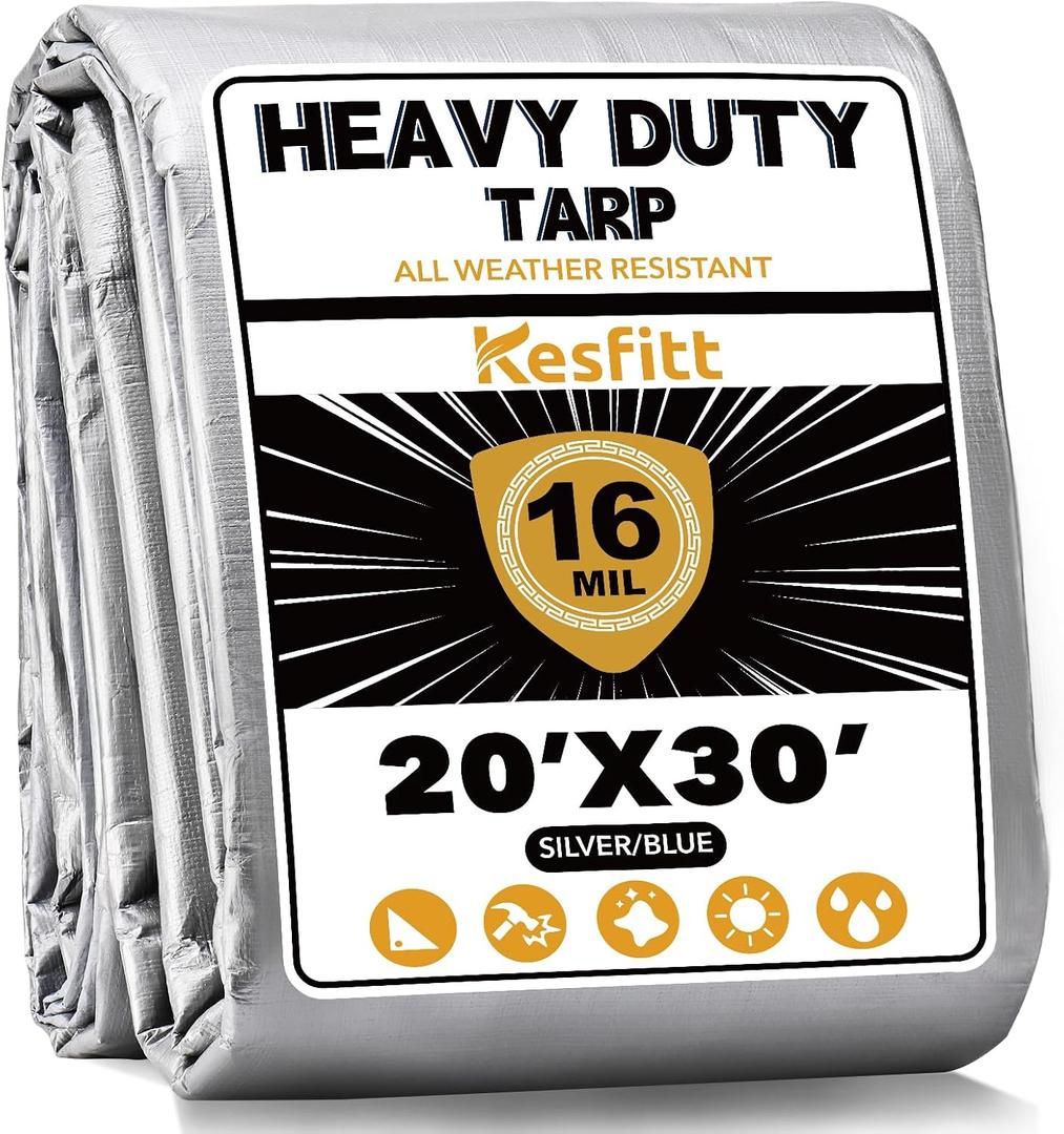 Kesfitt 16 Mil Heavy Duty Waterproof Tarp with Metal Grommets, 20x30 ft, Silver & Blue Reversible Poly Tarp for Outdoor Protection, Yard, Worksite, Equipment, Veicles,Pools Coverage