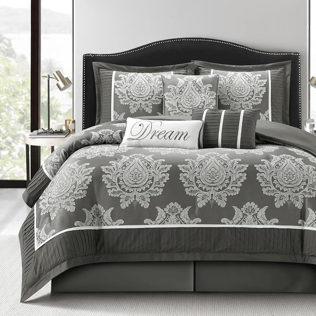 LANCO MODERN LIFESTYLE Grey Queen Comforter Set 7 Pieces, Jacquard Woven with Damask, Bedding Set in a Bag Includes Comforter, Bed Skirt, Pillow Shams, and Decorative Pillows