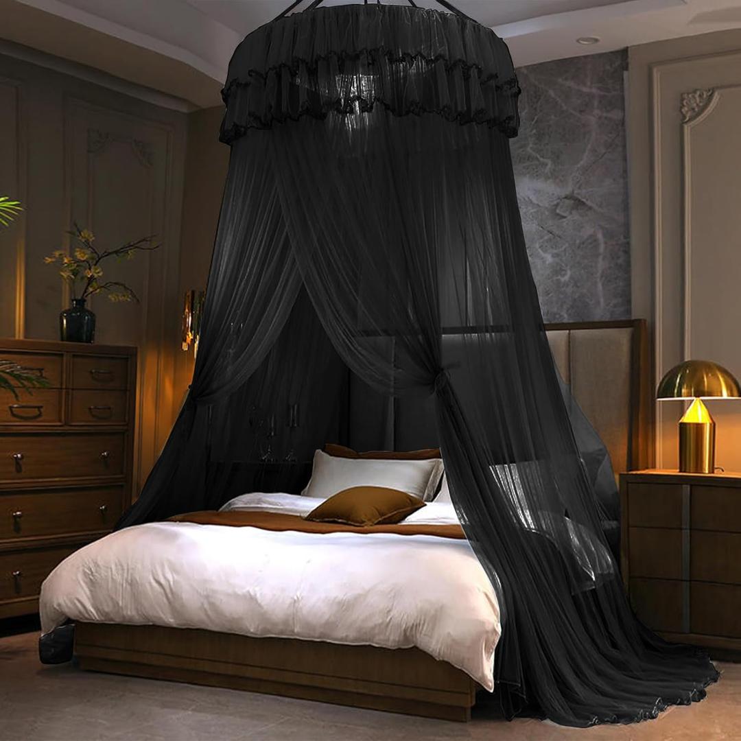 Mosquito Net Bed Canopy for Girls, Princess Canopy Bed Curtain Fine Sheer Mesh Dome Bed Canopies, Kids & Adults Lace Tent for Twin Full Queen King Bed (Black)