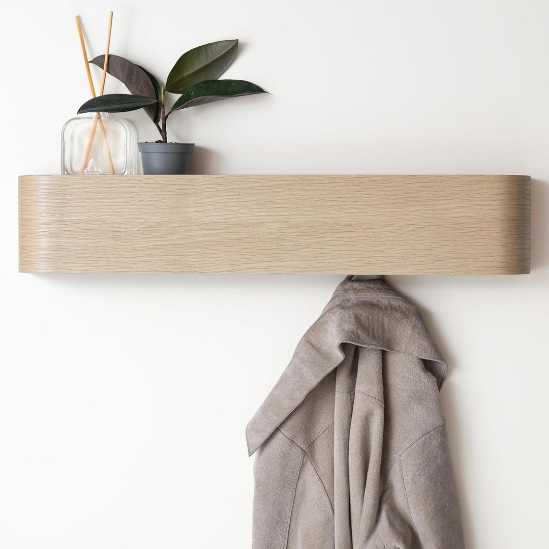 Wall-Mounted Coat Rack 'Toke' - Modern Design Coat Rack with Hidden Wall Hooks - Solid Wood Veneer Panel Coat Hanger - Oak, White (5 Hooks, Oak, White)