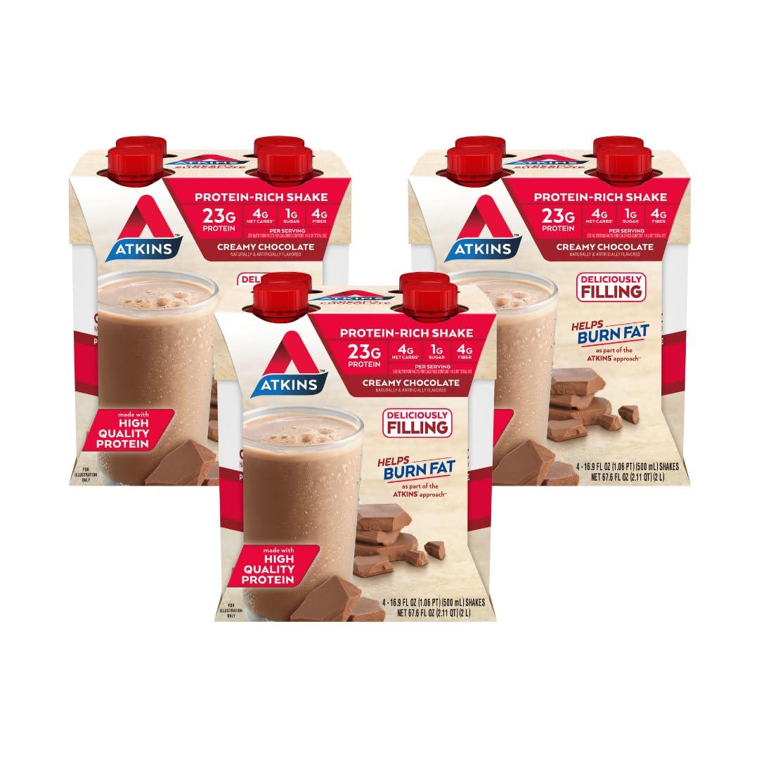 Atkins Creamy Chocolate Meal Size Protein Shake, 23g Protein, Low Glycemic, 4g Net Carb, 1g Sugar, Keto Friendly, 12 Count (EXP 01/15/26)