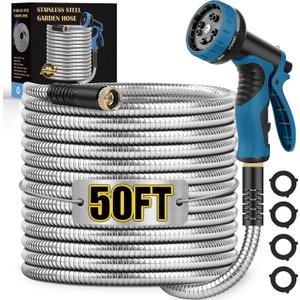 Metal Garden Hose 50FT, Stainless Steel Water Hose with 10 Function Nozzle, Solid Brass Fittings, Lightweight, Kink-Free & Dog Chew Proof for Lawn, Yard, RV, Car Wash, 550PSI