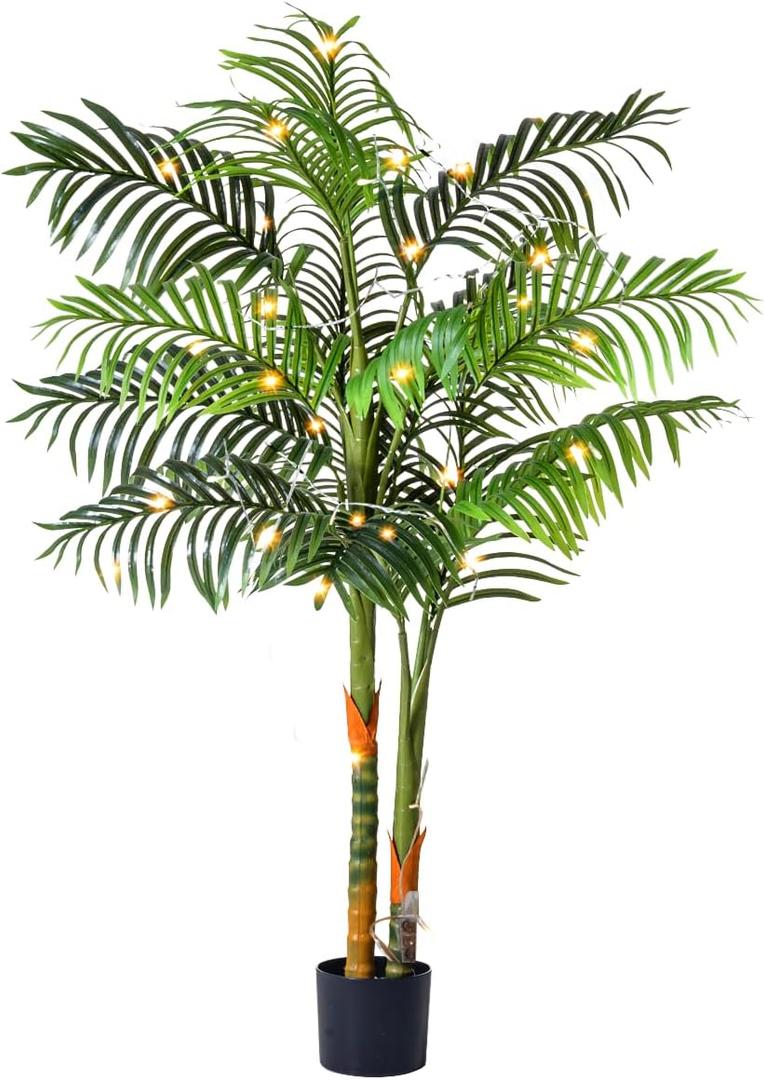 5FT Artificial Palm Tree Tall Plant with Planter & Moss, Realistic 2Trunk Artificial Tree with Lights, Lifelike Leaves Fake Palm Tree, Low Maintenance Palm Tree Decor for Home Office Living Room