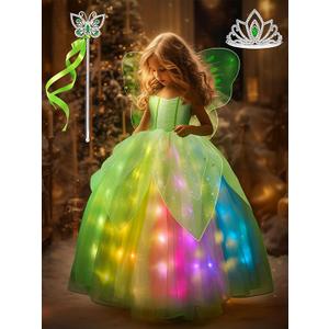 Light Up Girls Halloween Costume Toddler Fairy Dress & Wings Green Fairy Girls Costume Princess Ball Gown Kids (Size 140)