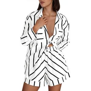 Tankaneo Womens Striped 2 Piece Outfits Button Down Shirts and Shorts Lounge Matching Sets (Medium, White)