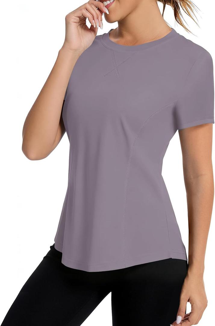 Avoogue Women UPF 50+ UV Shirts Short Sleeve Workout Sun Shirt Quick Dry Athletic Hiking Running Gym Tops Rashguard (Grey Purple, XL)