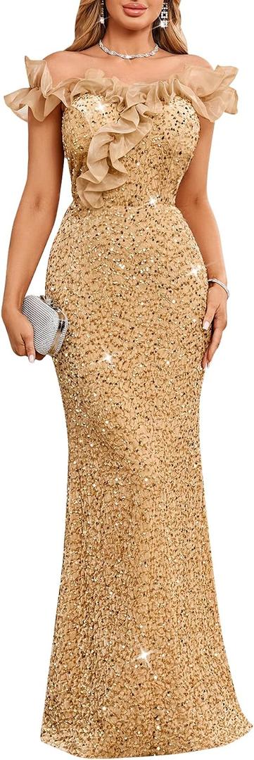 Cololura Women Off Shoulder Ruffles Sparkly Sequin Mermaid Bodycon Evening Party Gown Maxi Dress 